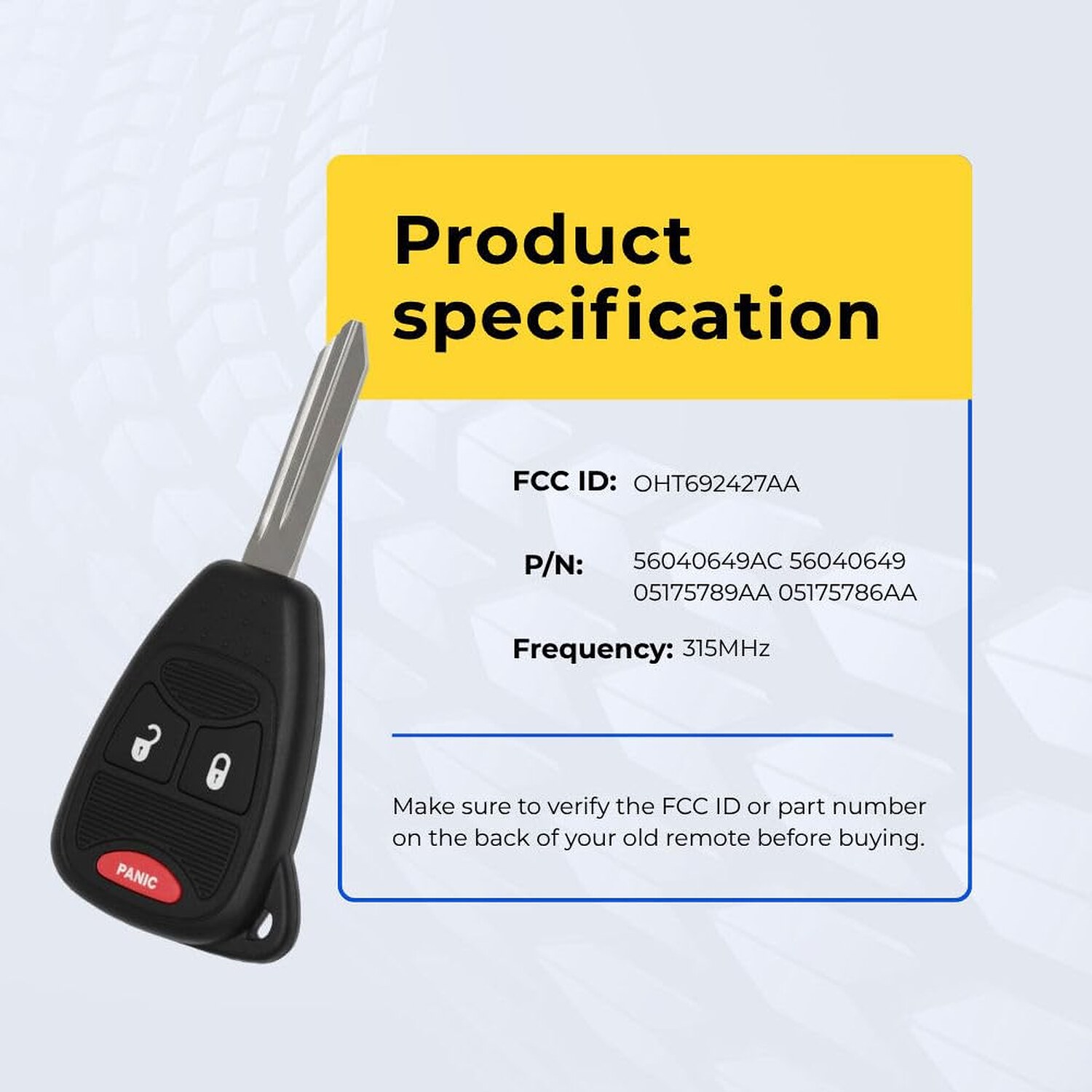 Replacement 2006-2010 Chrysler PT Cruiser Key Fob – FCC: OHT692427AA, OHT692713AA – PN: 56040649AC – 3 Button - Image 5